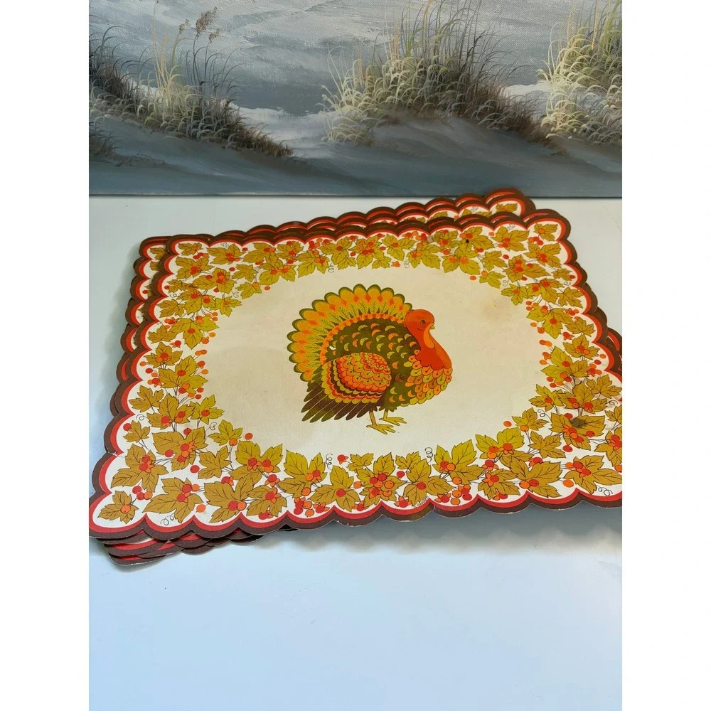 Vintage Thanksgiving Turkey Paper Placemats Set of 7 Scalloped Edge Harvest